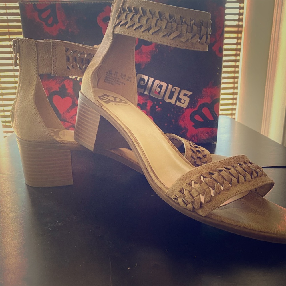 Women’s Fergilicious block heel, ankle strap sandals.